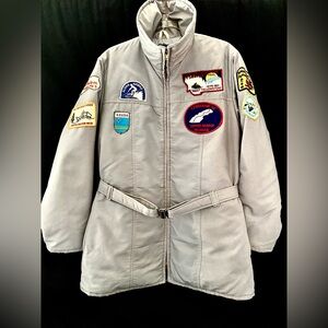 Vintage EDDIE BAUER JACKET Down Filled Ski Snowmobile PATCHES Gray Belted Mens